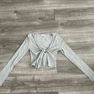 Grey ribbed bow long sleep crop top